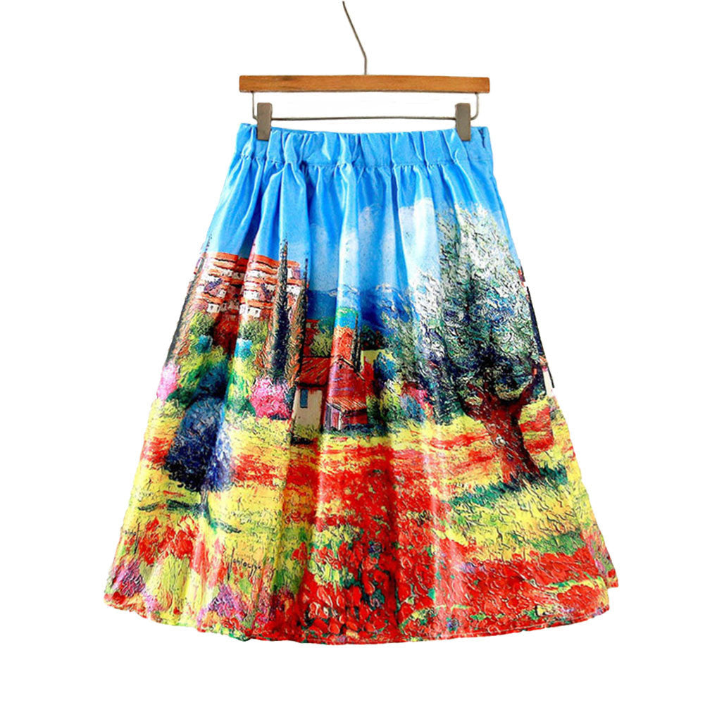 women midi skirt rural printing pleated zipper elegant a line ball gown skirt women blue J4U66