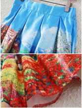 women midi skirt rural printing pleated zipper elegant a line ball gown skirt women blue J4U66