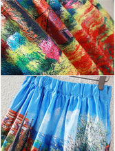 women midi skirt rural printing pleated zipper elegant a line ball gown skirt women blue J4U66