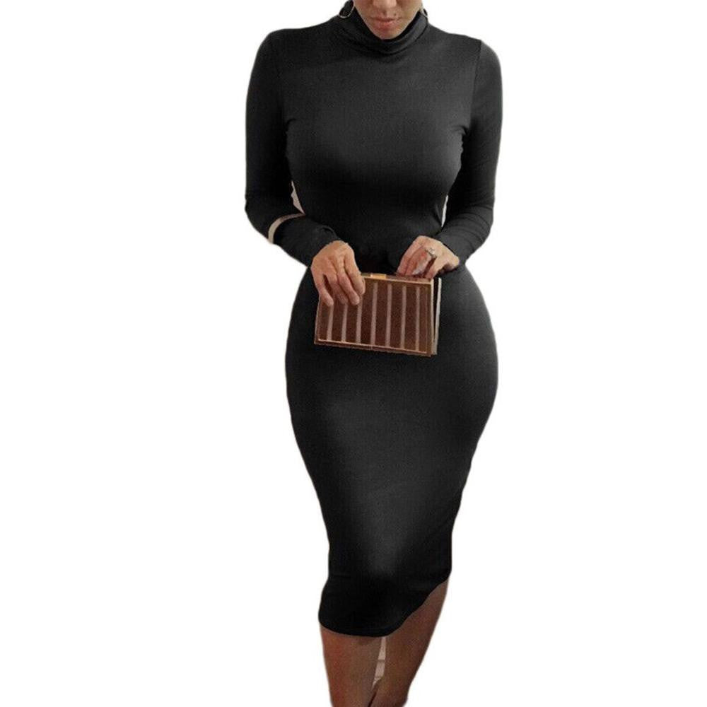 Women Sexy Club Dress Turtle Neck Long Sleeve Dress Pencil Dress Slim Hip Bandage Bodycon Dress J4U66