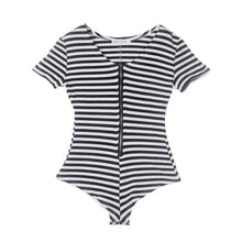 Fashion Women Sexy Jumpsuit Deep V Neck Striped Zip Up Bodysuit Tights Bodycon Rompers Short Jumpsuit Playsuit J4U66