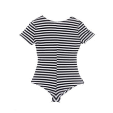 Fashion Women Sexy Jumpsuit Deep V Neck Striped Zip Up Bodysuit Tights Bodycon Rompers Short Jumpsuit Playsuit J4U66