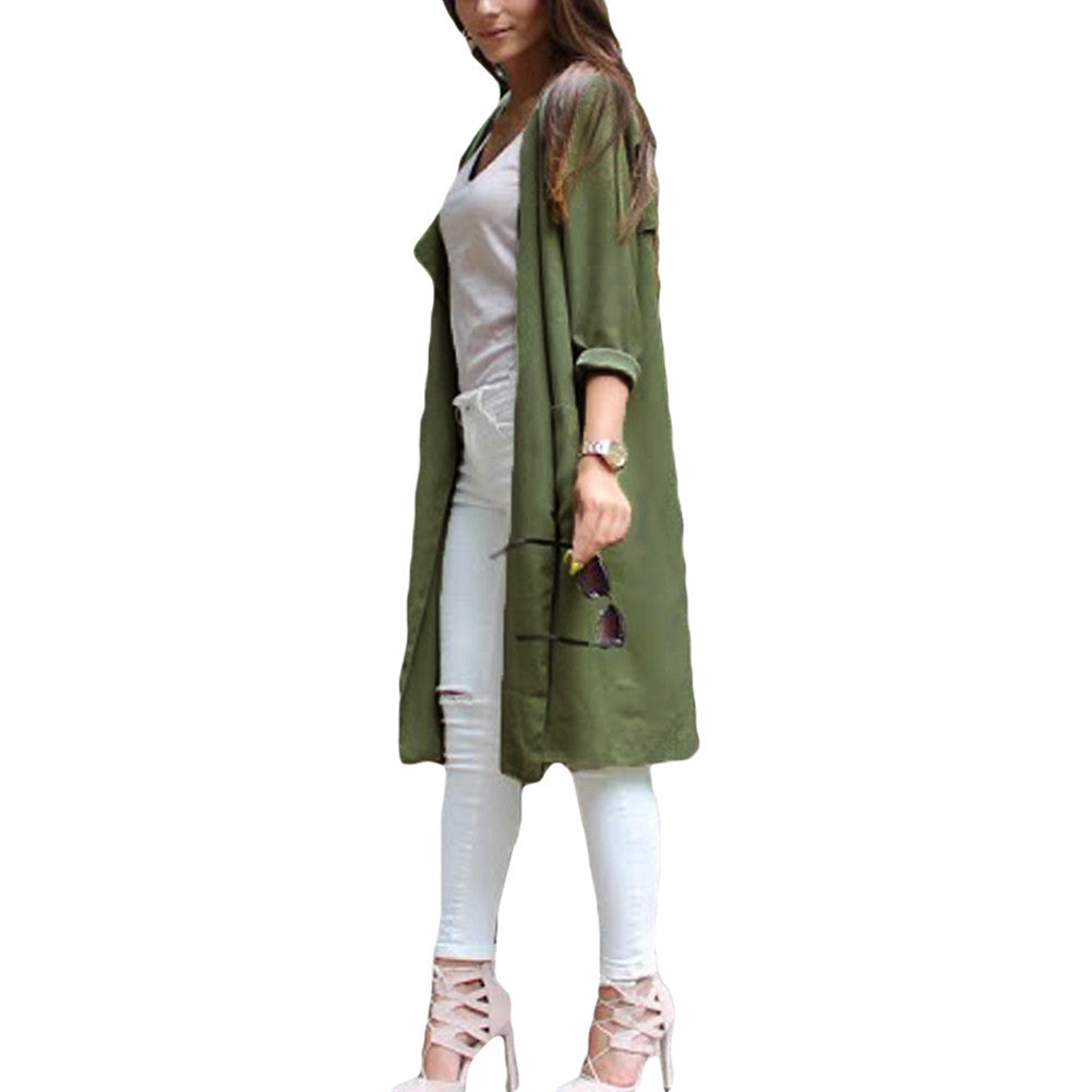 women trench coat front pocket long sleeve thin coat chiffon cardigan green J4U66