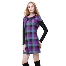 women dress round neckline long sleeve plaid dress contrastcolor mini dress blue purple J4U66