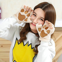 Girl Women Plush Plus Velvet Thickening Half-finger Flip Keep Warm Cute kitty Mittens Fingerless Glove For Women J4U66