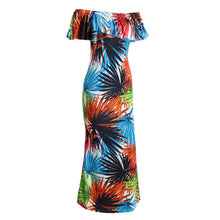 sexy women maxi dress off shoulder ruffle flower print bodycon dress bohemian holiday beach long dress dark blue J4U66