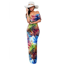 sexy women maxi dress off shoulder ruffle flower print bodycon dress bohemian holiday beach long dress dark blue J4U66