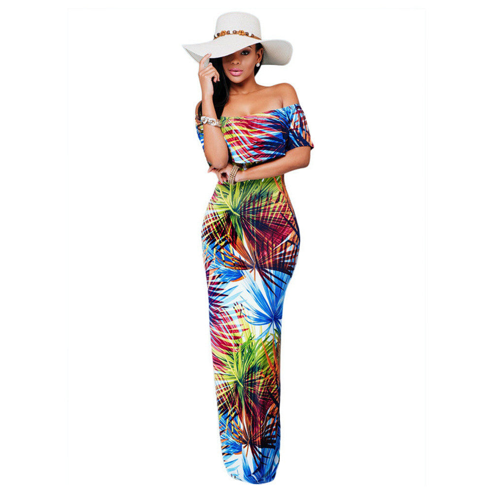 sexy women maxi dress off shoulder ruffle flower print bodycon dress bohemian holiday beach long dress dark blue J4U66