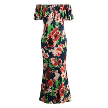 sexy women maxi dress off shoulder ruffle flower print bodycon dress bohemian holiday beach long dress dark blue J4U66