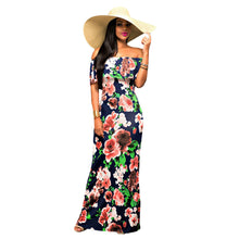 sexy women maxi dress off shoulder ruffle flower print bodycon dress bohemian holiday beach long dress dark blue J4U66