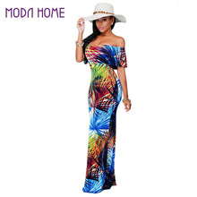 sexy women maxi dress off shoulder ruffle flower print bodycon dress bohemian holiday beach long dress dark blue J4U66