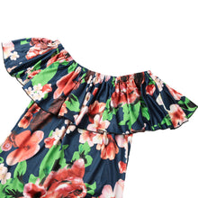 sexy women maxi dress off shoulder ruffle flower print bodycon dress bohemian holiday beach long dress dark blue J4U66