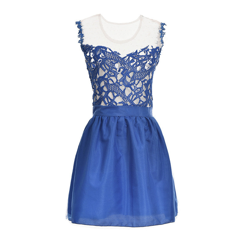 Sexy Women O-Neck Sleeveless Lace Crochet Hook Flower Hollow Out Chiffon Draped Mini Dress J4U66