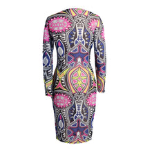 sexy women dress semi sheer geometry print round neck bodycon dress long sleeve slim pencil dress clubwear blue J4U66