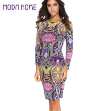 sexy women dress semi sheer geometry print round neck bodycon dress long sleeve slim pencil dress clubwear blue J4U66