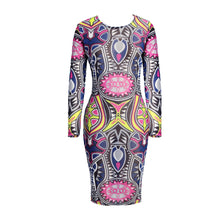 sexy women dress semi sheer geometry print round neck bodycon dress long sleeve slim pencil dress clubwear blue J4U66