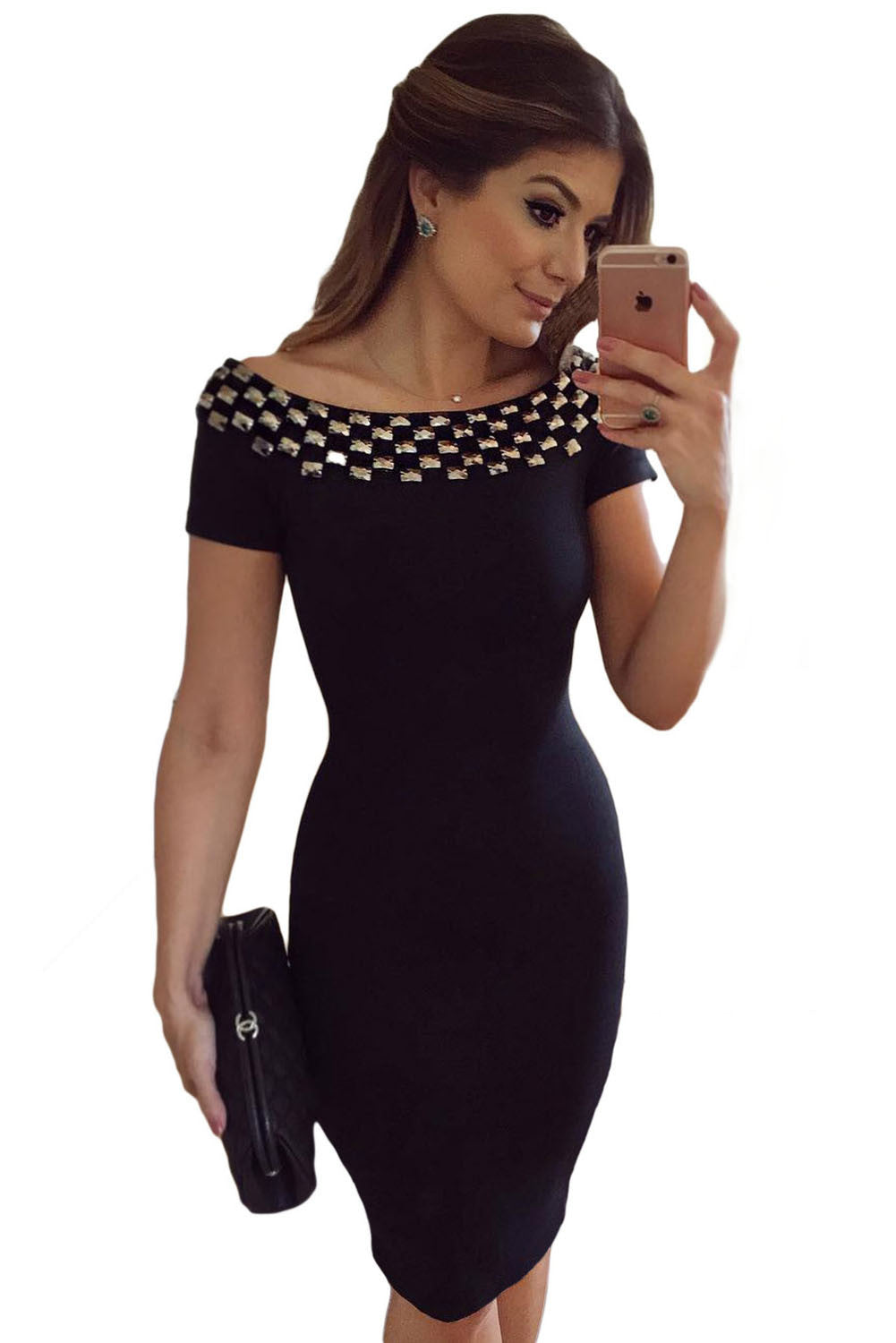 short sleeve sequined studded blue black bodycon midi dress off shoulder sexy elegant women office ol pencil dress J4U66