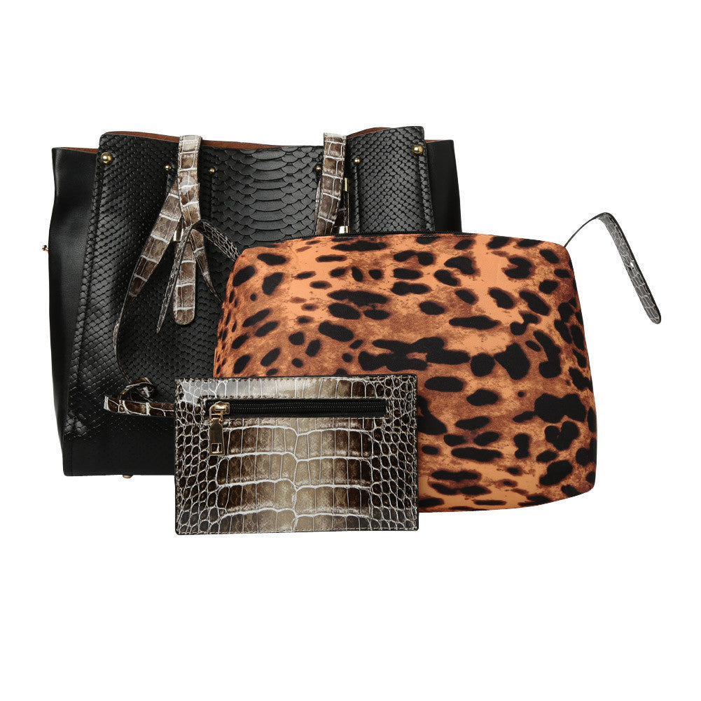 snake print leopard pu leather tote women 3pcs bag sets  snakeskin handbags vintage crossbody bags J4U66