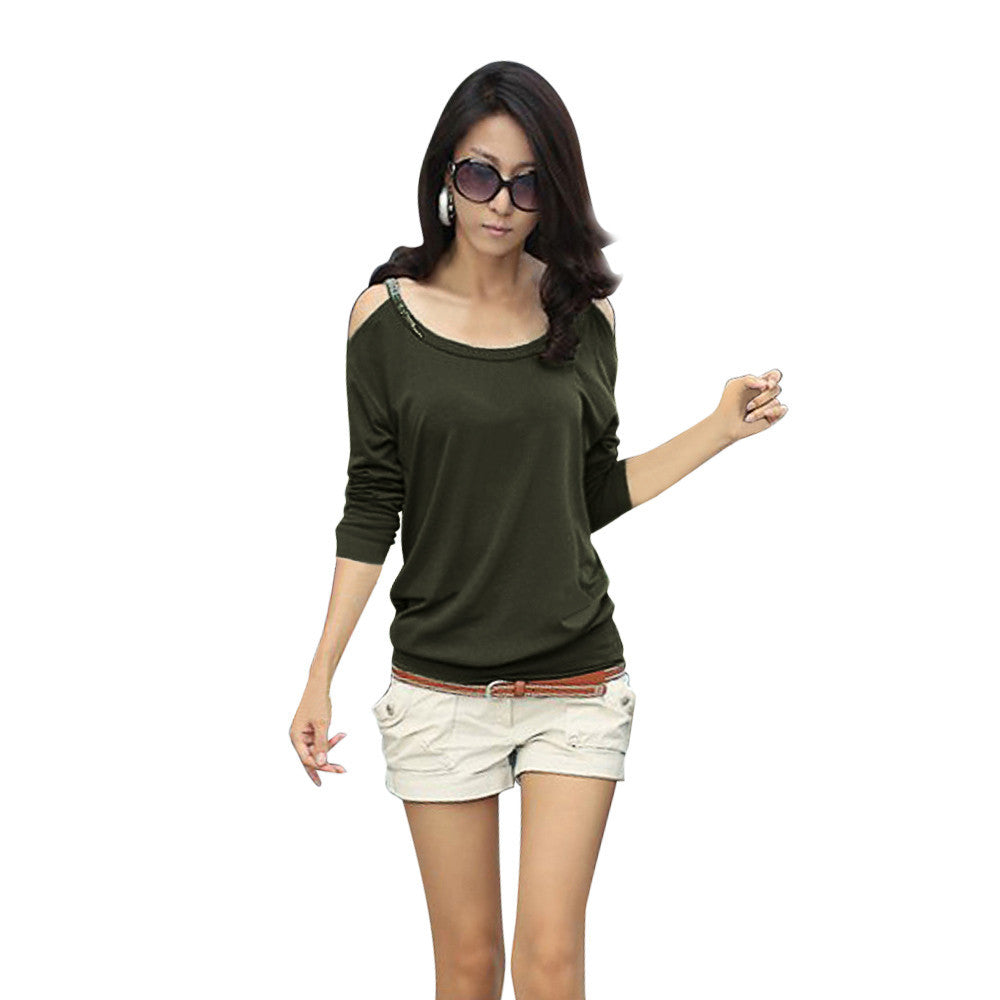 Sexy Women Long Sleeve Loose Casual Off Shoulder Tees T shirt Tops Multicolor Womens Plus Size T-shirt J4U66