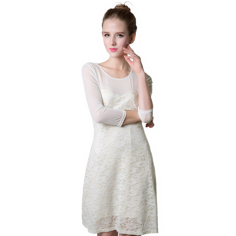 style women floral lace dress o neck three quarter sleeve slim party mesh mini dresses plus size dress vestidos J4U66