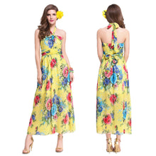 beach dress vestidos sexy women long dress halter floral print tie waist beach maxi sundress yellow J4U66