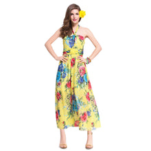 beach dress vestidos sexy women long dress halter floral print tie waist beach maxi sundress yellow J4U66