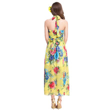 beach dress vestidos sexy women long dress halter floral print tie waist beach maxi sundress yellow J4U66