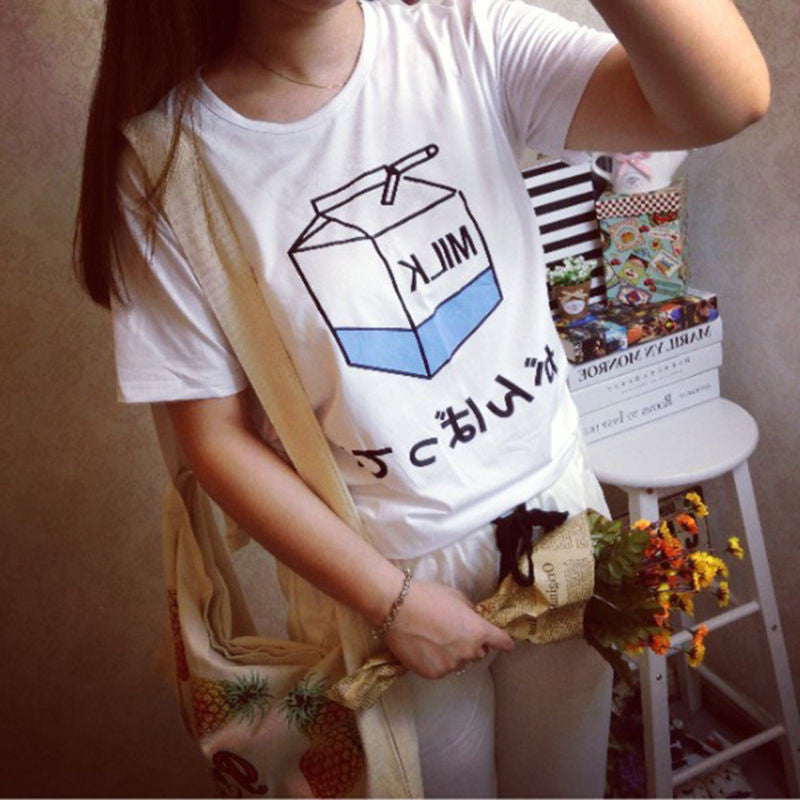 Women Japanese Cute Milk Box Print Loose Short Sleeve T-Shirts Lady Girls Basic Tee T Shirts Tops J4U66