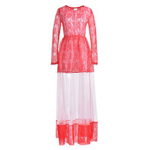 Style Womens Sexy Lace Embroidery Maxi Solid Red Dress Long Sleeve O Neck Plus Size S-L J4U66