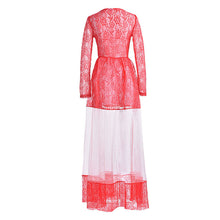 Style Womens Sexy Lace Embroidery Maxi Solid Red Dress Long Sleeve O Neck Plus Size S-L J4U66