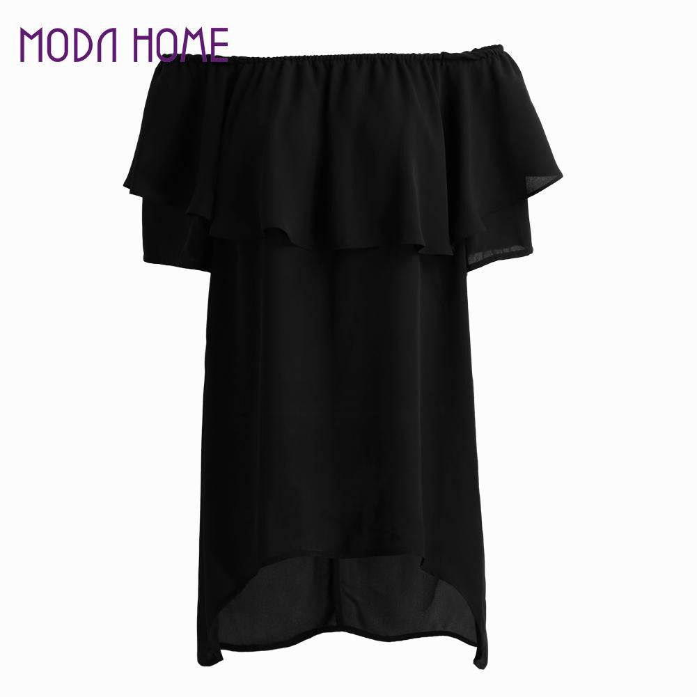 t-shirts women off shoulderchiffon t shit slash neck tee shirt ruffle dip hem casual tops women blusas black J4U66