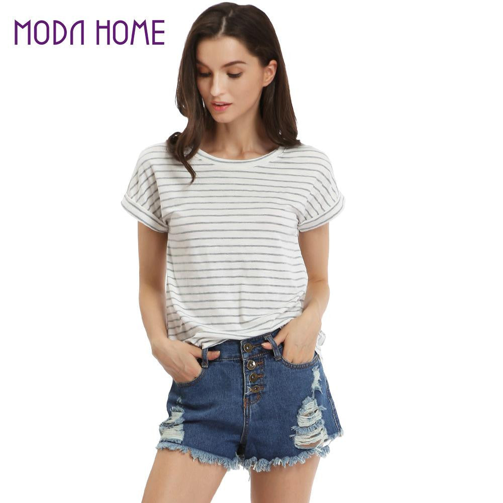 t-shirts women tops stripe printed women casual tee shirt loose tee top short sleeve blusas white J4U66