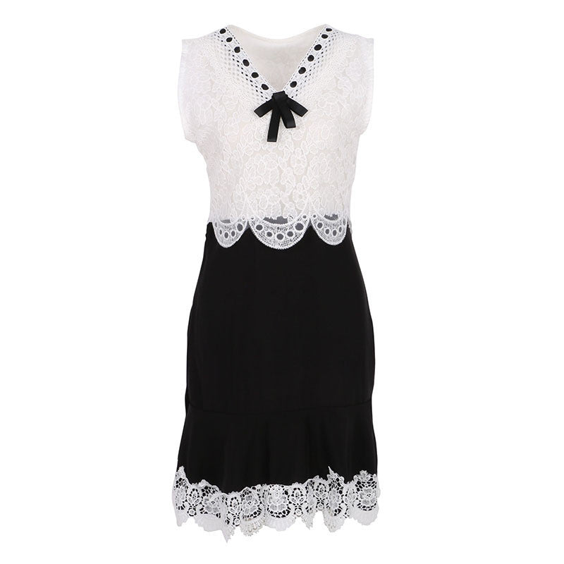 women black and white lace dress ladies sleeveless vintage dresses casual mini bow dress J4U66