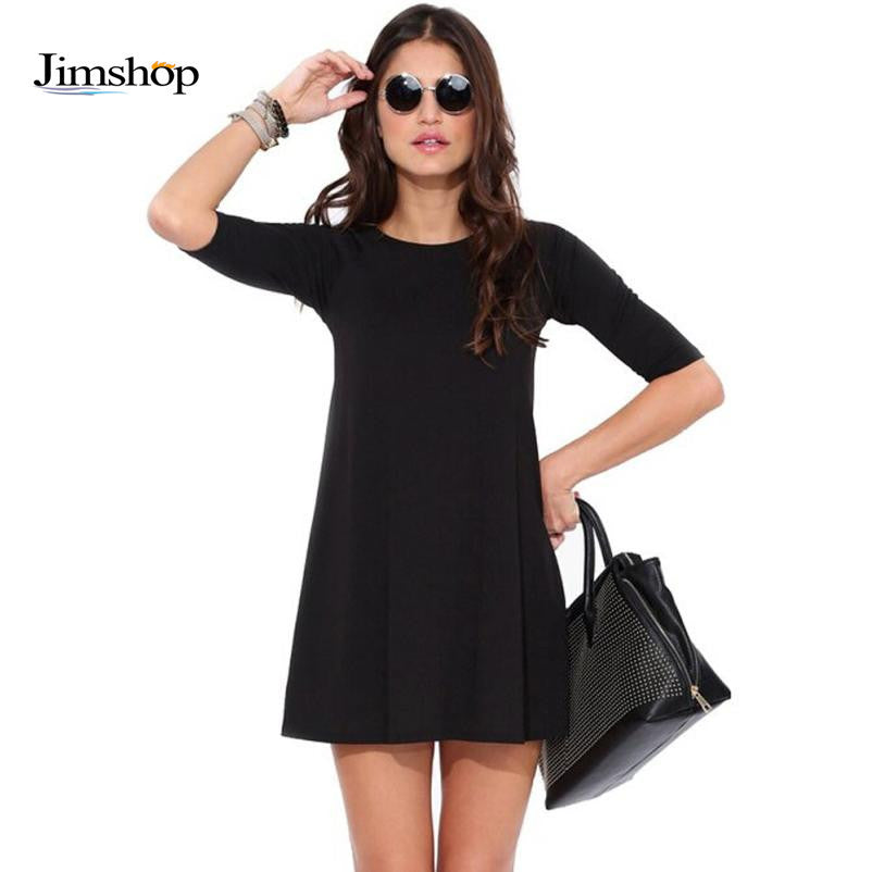Women Chiffon Dress Fashion Dress O-Neck Half Sleeve Asymmetrical Hem Black Party Mini Dress Plus Size Vestidos J4U66