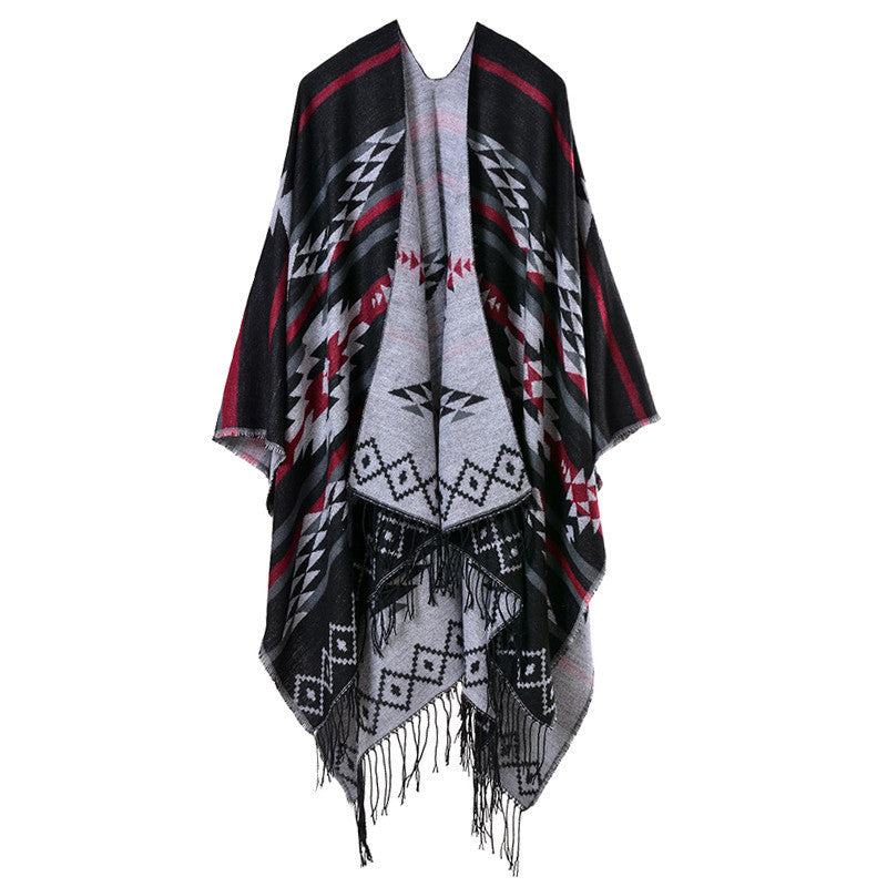 women knitted cape poncho open front geometric striped tassel fanon fringe duplex cashmere shawls and scarves pashmina J4U66