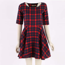 women red plaid dress round neck half sleeve mini dresses vestidos J4U66