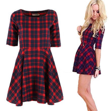 women red plaid dress round neck half sleeve mini dresses vestidos J4U66