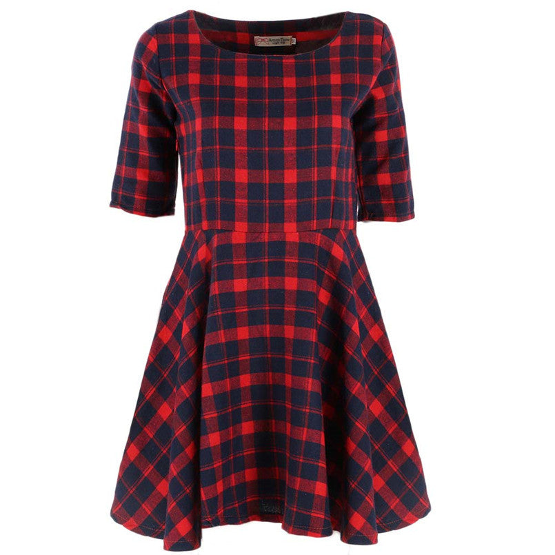 Red Plaid Dress Round Neck Half Sleeve Mini Dresses Vestidos Y2 J4U66