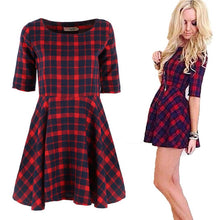 Red Plaid Dress Round Neck Half Sleeve Mini Dresses Vestidos Y2 J4U66
