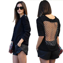 Women's Long Sleeve Mesh Panel Casual Loose Black Sweatshirts Pullovers J4U66