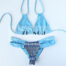 blue halter style bikini and sexy position print swimwearbandeau women beachwear n112zn J4U66