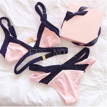 women bikini set push up swimwear lace bottom blue striped swimsuit pade bikini brazilian maillot de bain J4U66