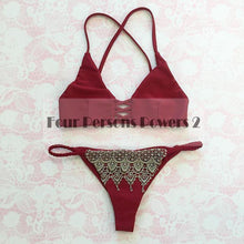 push up padded women swimsuit cross bandage purple swimwear biquini bathing bikini retro print swimwear J4U66