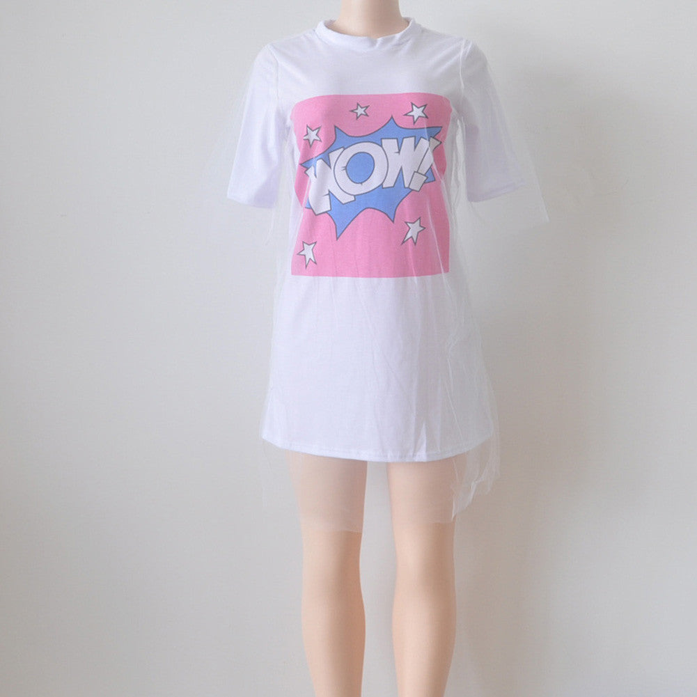 organza lace dress wow t-shirts dresses straight women letter print mesh patchwork short sleeve casual dress J4U66