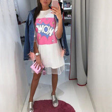 organza lace dress wow t-shirts dresses straight women letter print mesh patchwork short sleeve casual dress J4U66