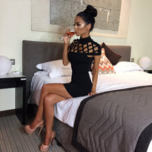 Party Night Turtle Neck Dress Hollow Out Mesh Slim Dresses Sexy Skinny Cut Off Black Mini Bodycon Brand Vestidos J4U66