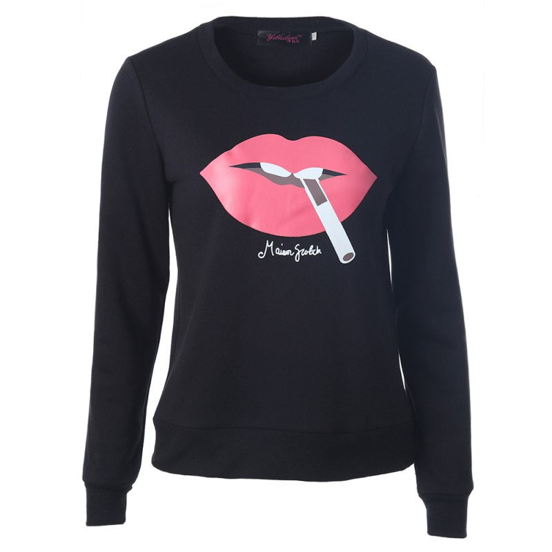 Plus Size Women Sweatshirts Sexy Red Big Lips&Cigarette Printed Long-Sleeved Edge Pullovers Hoodies Sudaderas J4U66