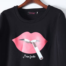 Plus Size Women Sweatshirts Sexy Red Big Lips&Cigarette Printed Long-Sleeved Edge Pullovers Hoodies Sudaderas J4U66