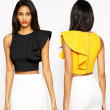 sexy crop top women one shoulder ruffle o neck sleeveless fitness women tops blusas feminina black yellow J4U66