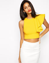 sexy crop top women one shoulder ruffle o neck sleeveless fitness women tops blusas feminina black yellow J4U66